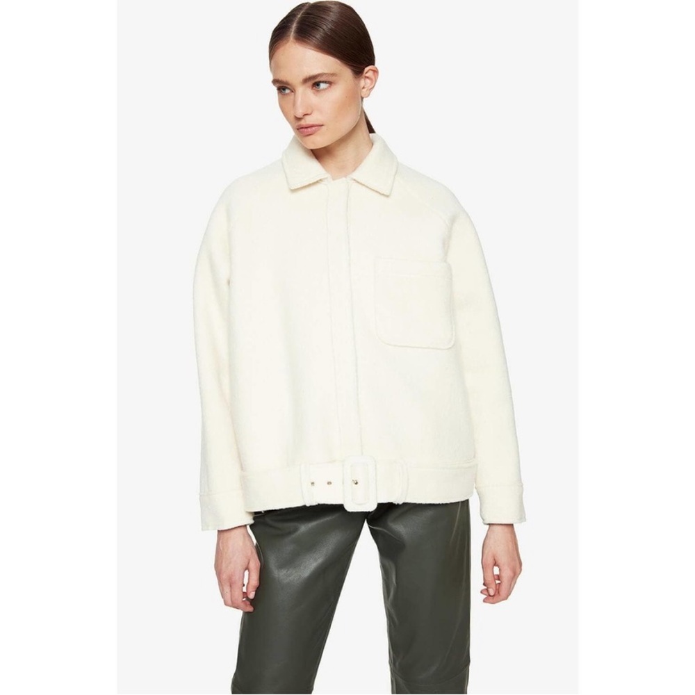 Anine Bing Jaden White Wool Blend Button Front Belted Coat Jacket
